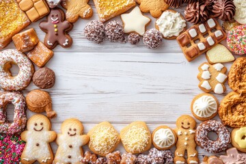 Fototapeta premium Festive Cookie Border: A Top View of Christmas Sweets on a White Wooden Table with Abundant Copy Space for Holiday Greetings