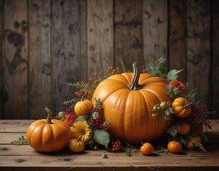 Vintage-inspired pumpkin arrangement on a distressed wooden table, vintage pumpkins, fall colors