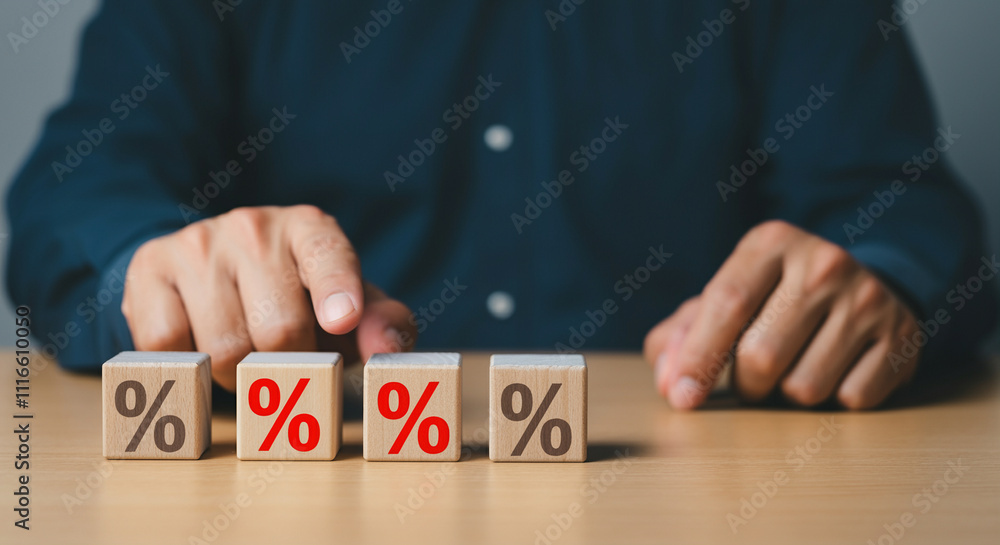 Aufkleber percentage blocks representing business growth and financial analysis with hands adjusting values