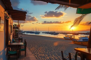 Fototapeta premium Serene Sunset View of Boats at Baha de Arrecife Marina Surrounded by Shops, Bars, and Eateries in Lanzarote, Canary Islands