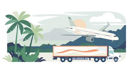 Airplane taking off over tropical landscape with cargo truck.