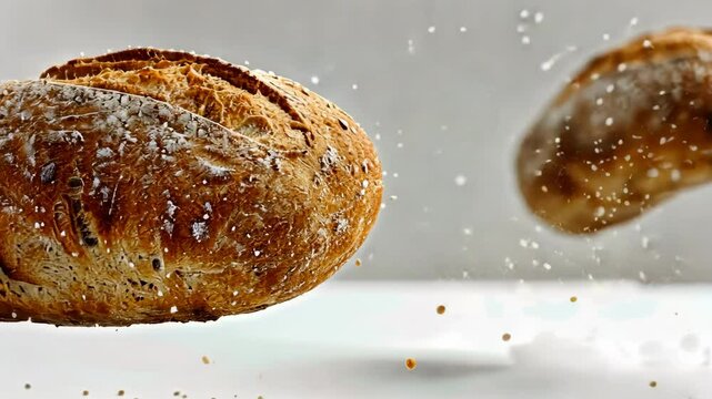 A loaf of bread is hanging in the air with a lot of crumbs. Freshly baked bread falling on a white background.
