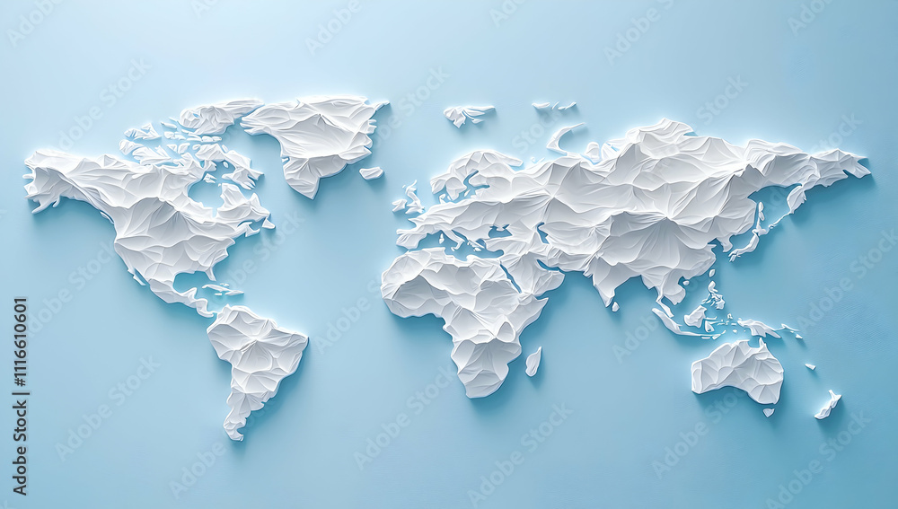 Poster a simple white world map on a blue background, with a flat design, simple shapes, and a 3d rendering