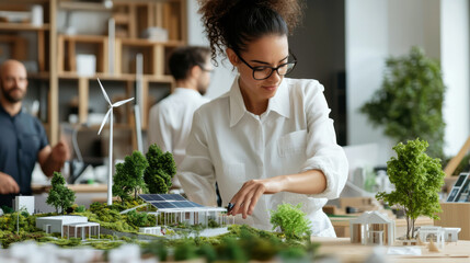 Creative design session featuring a young woman working on an eco-friendly building model in a contemporary office setting