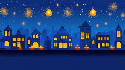 Night cityscape with illuminated buildings and Diwali lamps, fireworks in the sky.