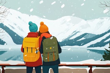 Caucasian Couple with Backpacks Savoring Winter Vacation in Scenic Mountain Landscape