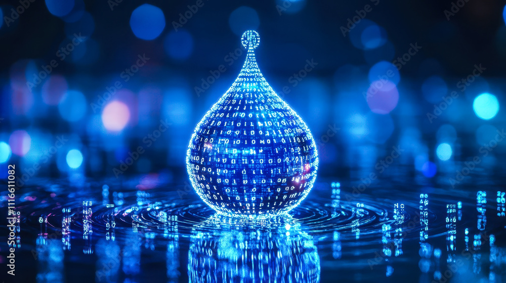 Poster digital water drop with binary code: ai in water management and hydrology modeling