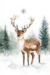 Deer in snow field. Winter theme background template for greeting card design.