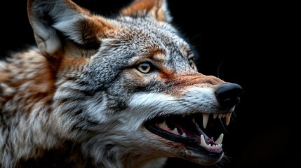 Fototapeta premium Scary mad wolf growling isolated on black background 