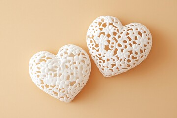 Fototapeta premium Two white hearts with lace designs on them. The hearts are placed close to each other on a tan surface