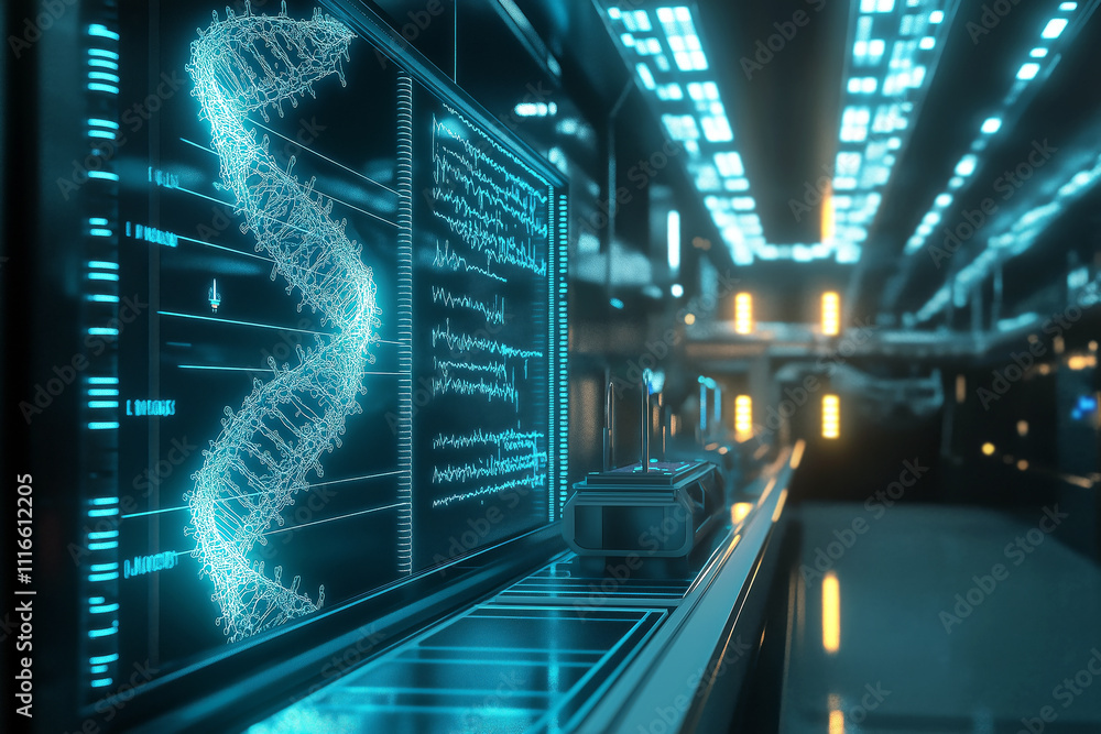 Poster high-tech genetic engineering facility of the future, where researchers modify dna structures using 