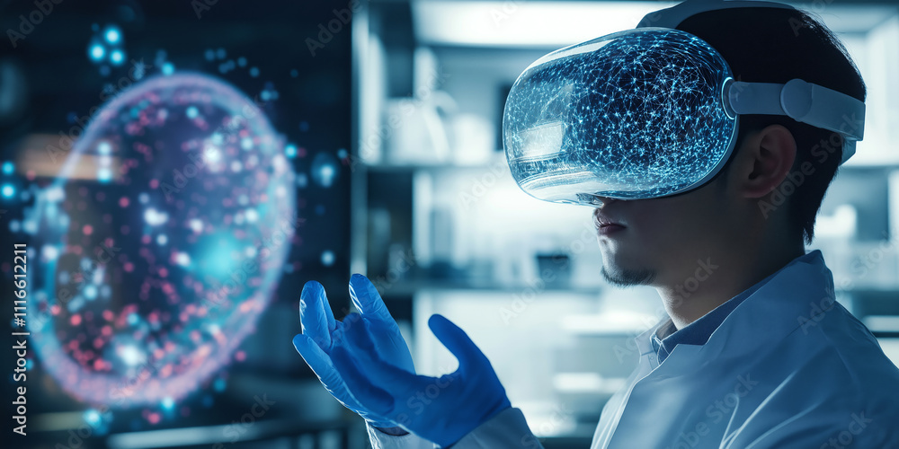 Poster high-tech biolab of the future, researchers working on genome-editing projects with advanced virtual