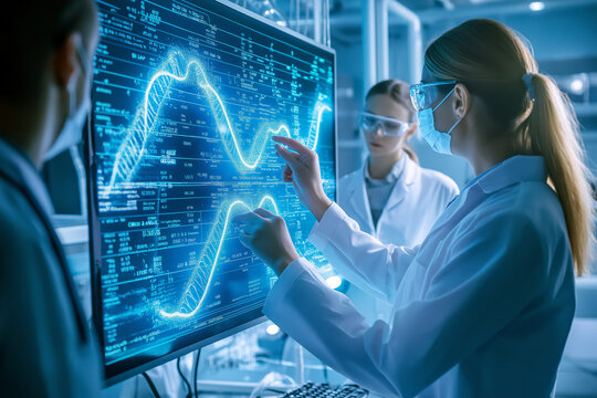 Team of researchers in a high-tech genetics lab, working on gene-editing with advanced AI tools, DNA sequences glowing on large monitors.
