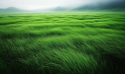 Serene summer landscape: expansive green meadow with tall grass under a bright sunny sky