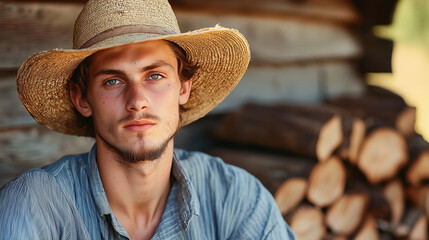 Fototapeta premium Close Up Portrait of Young Appalachian Man in Rustic Setting