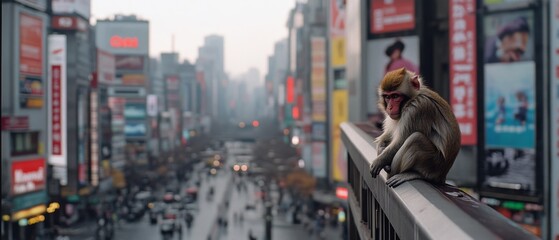 Obraz premium Overlooking a crowded city street, a curious monkey perches on a railing, contrasting nature with bustling urban life.