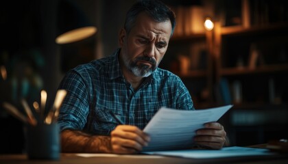 Fototapeta premium Frustrated man filling out complex tax form at desk, showing confusion and stress