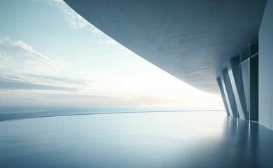 Spacious empty concrete platform overlooking ocean with futuristic architectural background