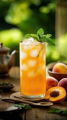 Fototapeta premium Close-up of a refreshing glass of peach iced tea with ice cubes, condensation, and peach slices on a rustic wooden table