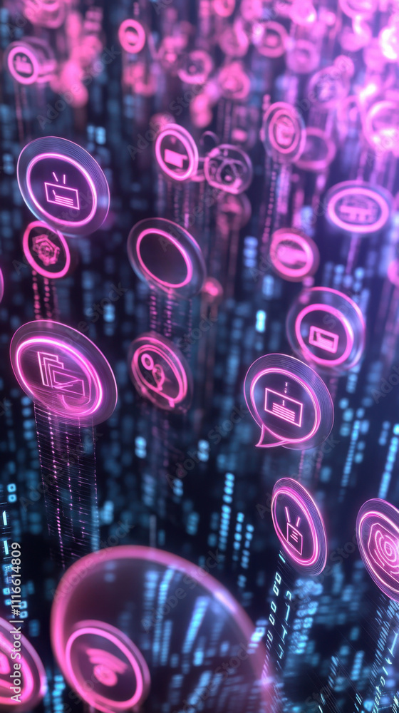 Poster neon digital icons float in a futuristic, data-driven virtual space, ai