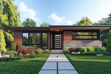 Fototapeta premium Stylish Home Facade Showcasing Welcoming Entrance and Contemporary Doorway with Garden View - 3D Representation