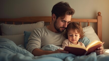 Obraz premium Father sitting on a bed, reading a storybook to his child, with the child snuggled up beside him