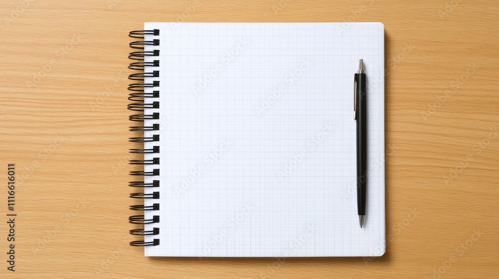 Poster minimalist view of an unused notebook with pen on a rustic office desk surface - ideal for planning 