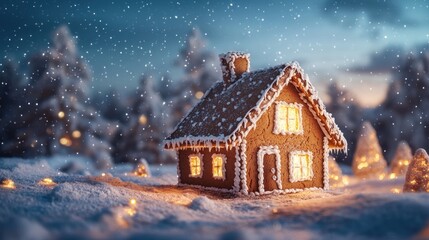 Fototapeta premium Illuminated gingerbread house in snowy winter scene.