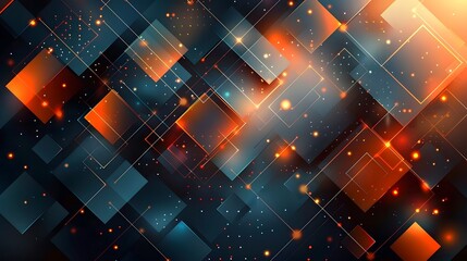 Abstract geometric background with glowing orange and blue squares and light effects Futuristic digital design for technology and innovation concepts

