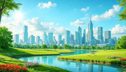 Obraz premium Modern city skyline with lush green park and river under bright sunlight