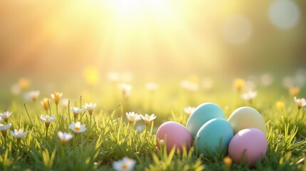 Easter scene with colorful eggs in a grassy field surrounded by flowers under golden sunlight, capturing a festive and joyful atmosphere