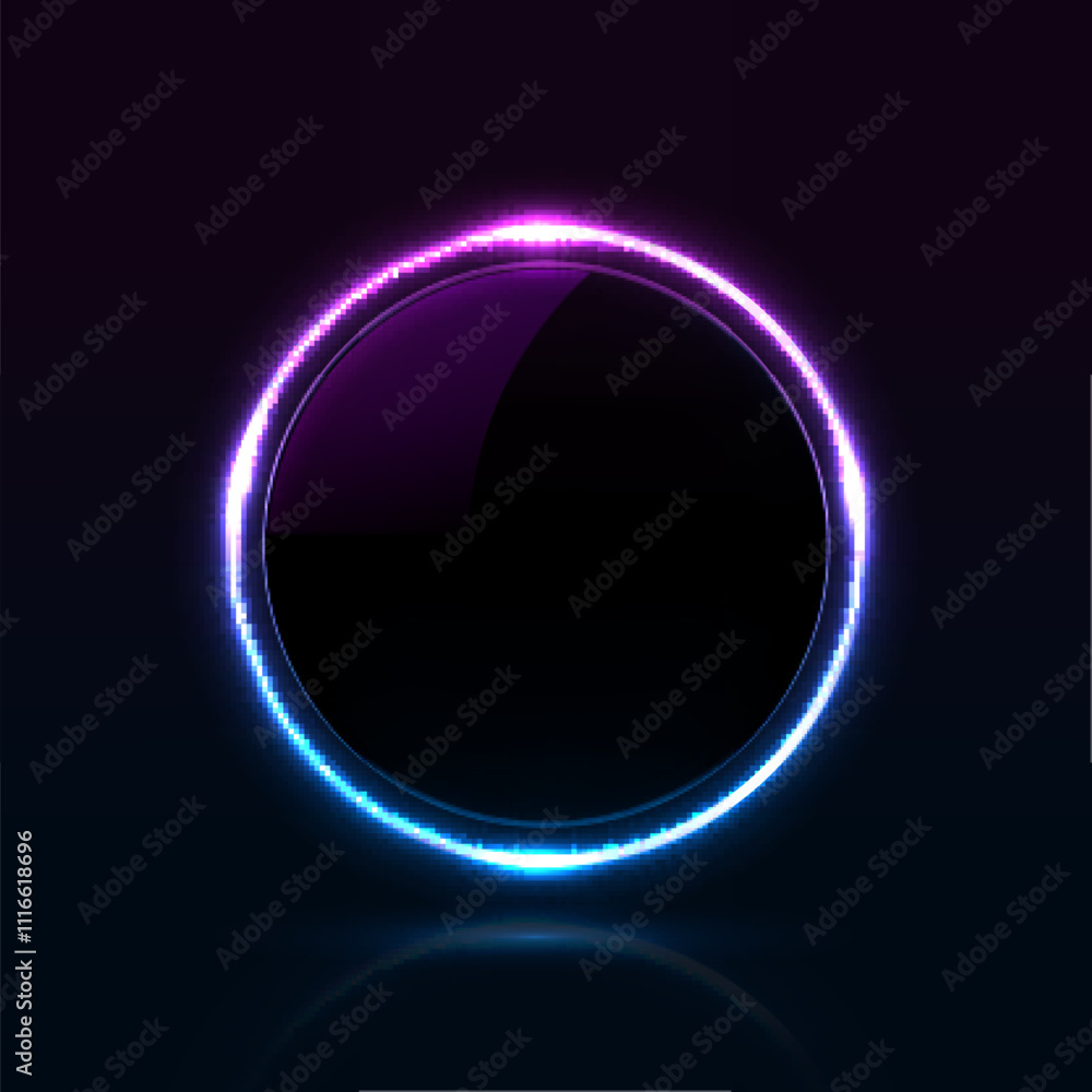 Poster purple and blue neon abstract sparkling round. frame design. glowing frame with magical dust. vector