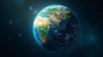 Obraz premium Earth from space, showing vibrant green continents and blue oceans illuminated by sunlight, symbolizing environmental care and global unity