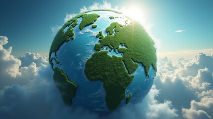 Naklejka premium Earth from space, featuring lush green forests and clear blue oceans, illuminated by sunlight, symbolizing a healthy and sustainable environment