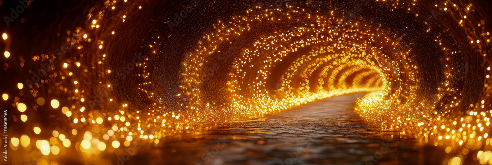 Poster a captivating tunnel surrounded by sparkling lights creating a magical atmosphere, with water flowin