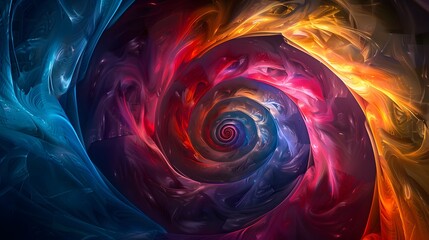 Abstract swirling vortex with vibrant red, blue, and orange colors creating a dynamic spiral Digital illustration for cosmic and energy concepts

