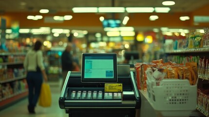 Supermarket Checkout Counter with a Customer and Shelves of Snacks