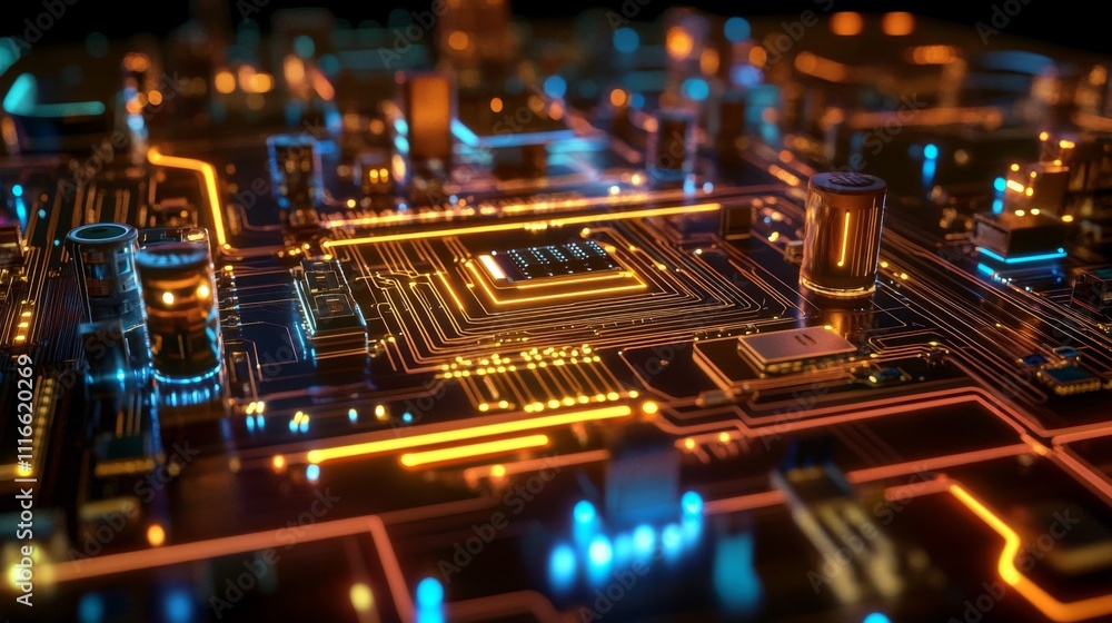 Poster closeup of a glowing circuit board with a central processor.