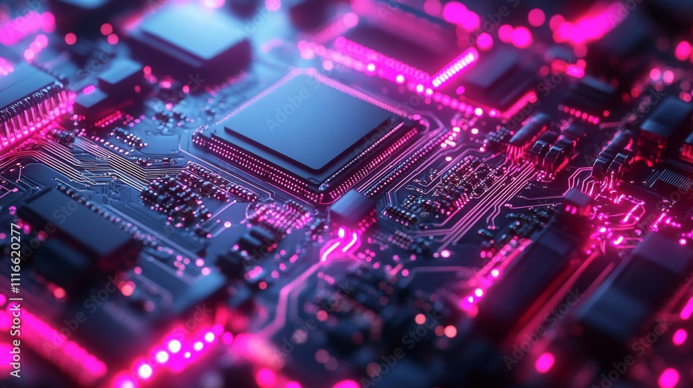 Aufkleber close-up of a circuit board with glowing pink lines and a central processor