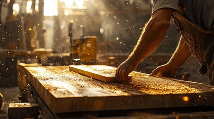 Hands of a craftsman carpenter working with a wooden board in his workshop, natural lighting.