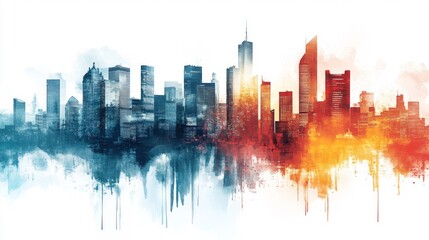 Obraz premium Watercolor Skyline of a Modern City with Tall Buildings