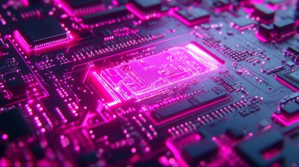 Obraz premium A Glowing Pink Circuit Board with a Central Processor