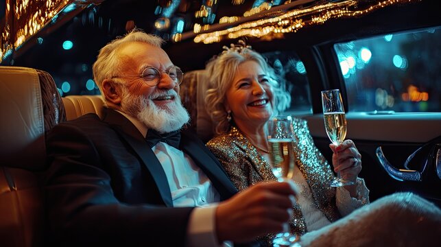 Beautiful retired couple celebrating New Year inside a luxury limousine, toasting with champagne.