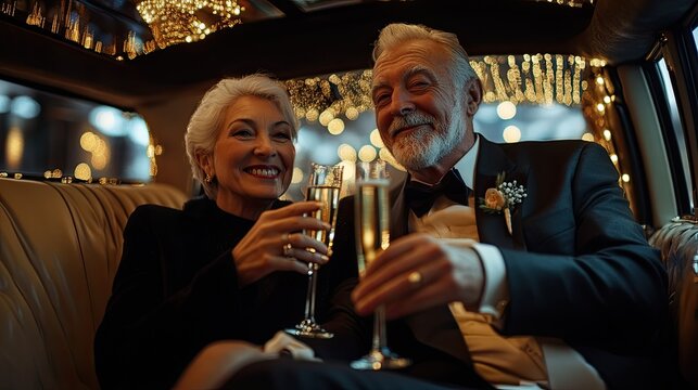 Beautiful retired couple celebrating New Year inside a luxury limousine, toasting with champagne.