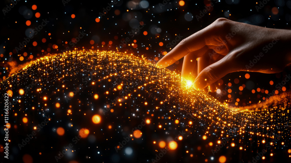 Poster a hand reaches out to touch a shimmering wave of golden particles, creating a mesmerizing display ag