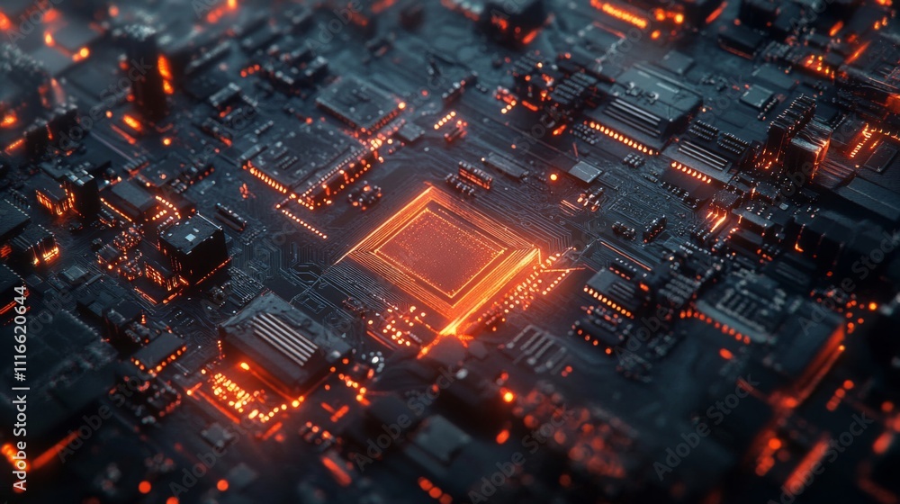 Poster close-up of a glowing orange circuit board with a central processing unit
