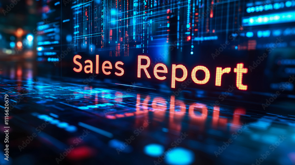 Poster a sales report is shown on a vibrant digital display, showcasing data analysis in a corporate settin