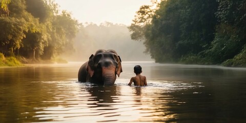 An Elephant taking a bath with its Mahout