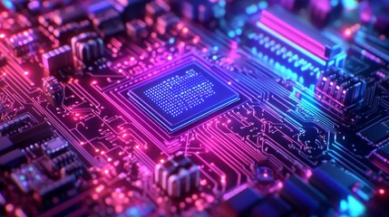 Obraz premium Close-up of a glowing circuit board with a central processor chip