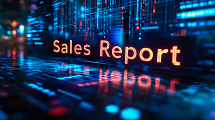 Fototapeta premium A sales report is shown on a vibrant digital display, showcasing data analysis in a corporate setting at night, highlighting key metrics
